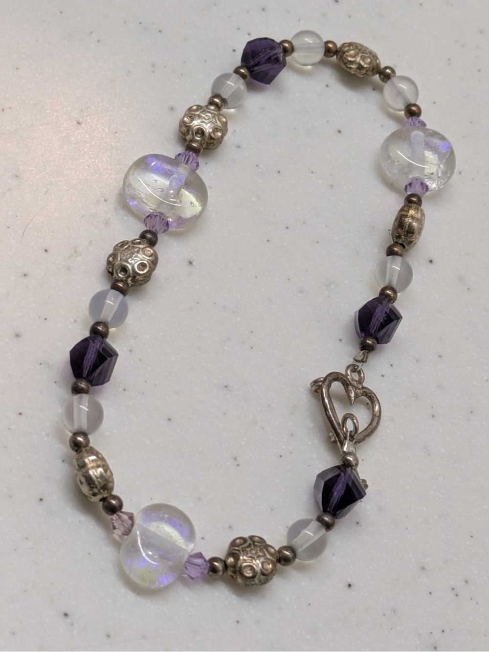 Vintage Purple and Sterling Silver Beaded Heart Bracelet - Women Jewelry
